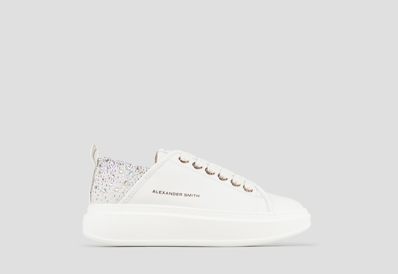 Sneakers Alexander Smith wembley donna in pelle bianca e tallone grigio con strass iridescenti - 1
