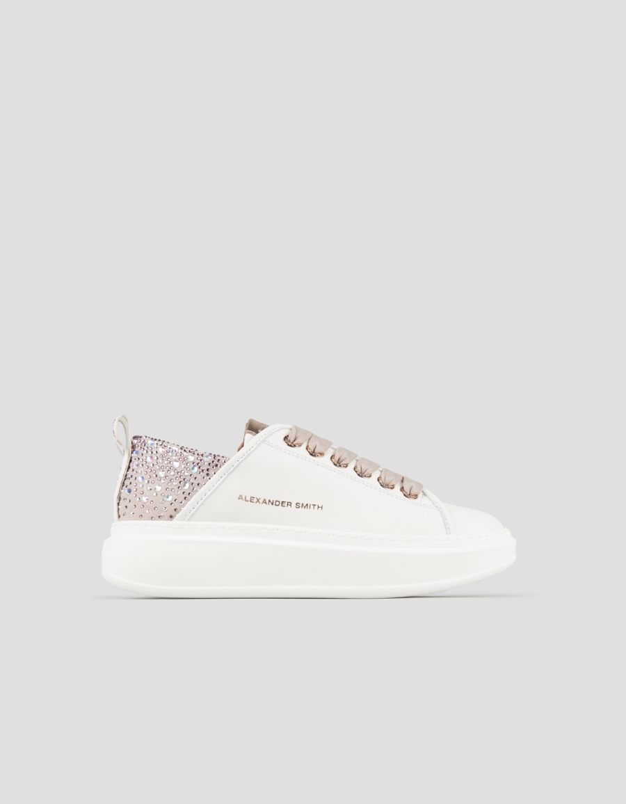 Sneakers Alexander Smith wembley donna in pelle liscia bianca e tallone rosa con strass - 1