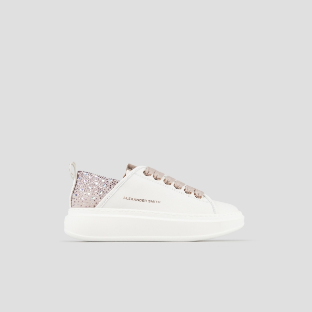 Sneakers Alexander Smith wembley donna in pelle liscia bianca e tallone rosa con strass - 1