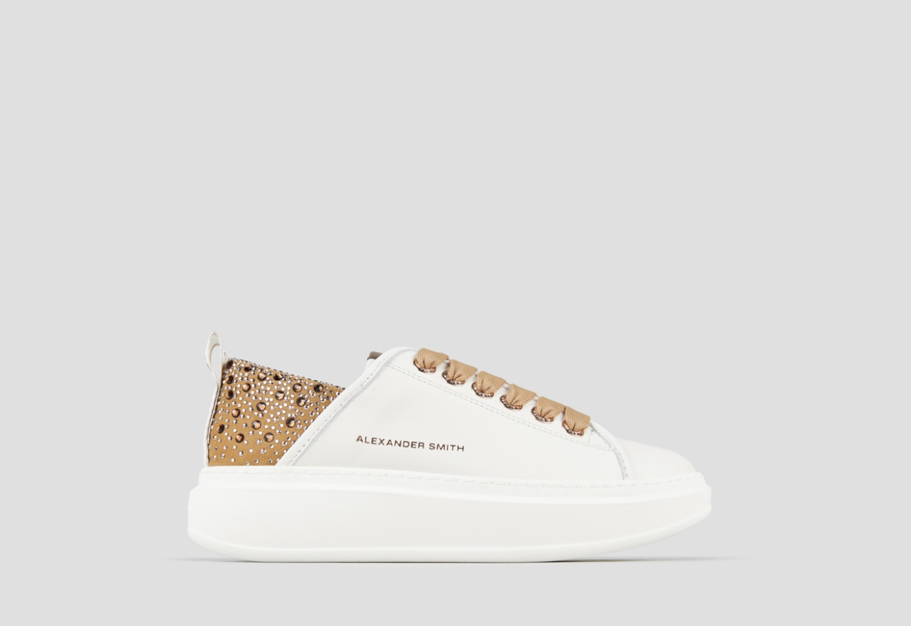 Sneakers Alexander Smith wembley donna in pelle bianca e tallone marrone con strass - 1