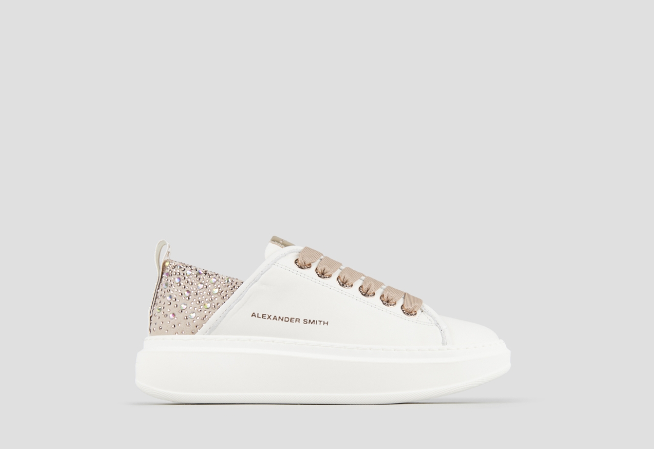 Sneakers Alexander Smith wembley donna in pelle bianca e tallone beige con strass - 1