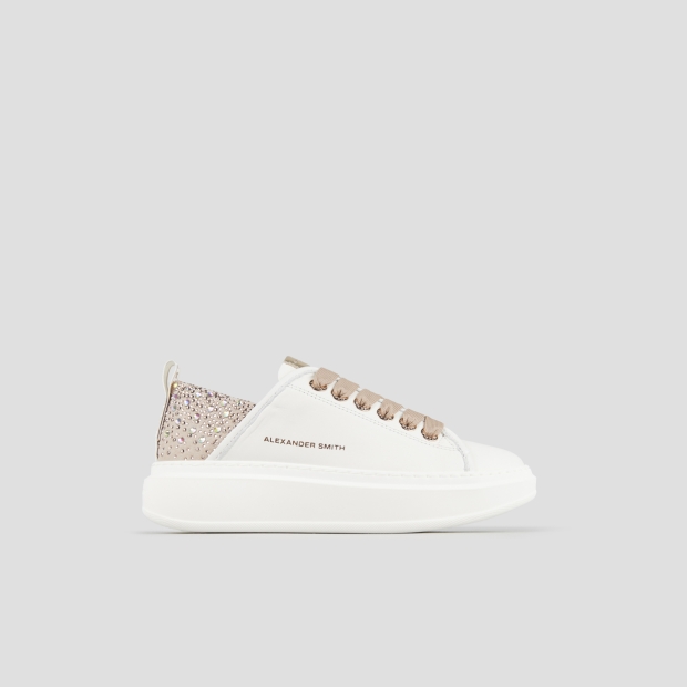 Sneakers Alexander Smith wembley donna in pelle bianca e tallone beige con strass - 1