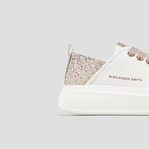 Sneakers Alexander Smith wembley donna in pelle bianca e tallone beige con strass - 3