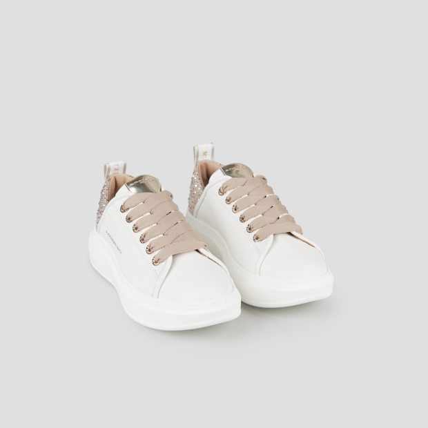 Sneakers Alexander Smith wembley donna in pelle bianca e tallone beige con strass - 4