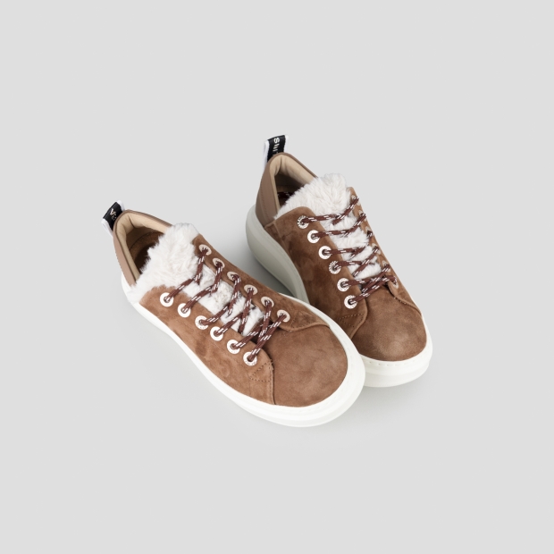 Sneakers Alexander Smith wembley donna in suede marrone e fodera in eco-pelliccia bianca - 2