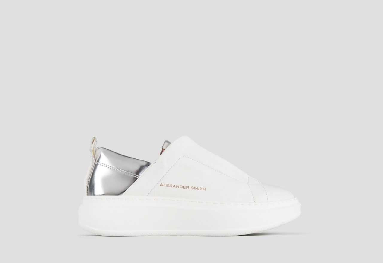 Sneakers Alexander Smith wembley slip-on donna in pelle bianca e tallone in laminato argento - 1