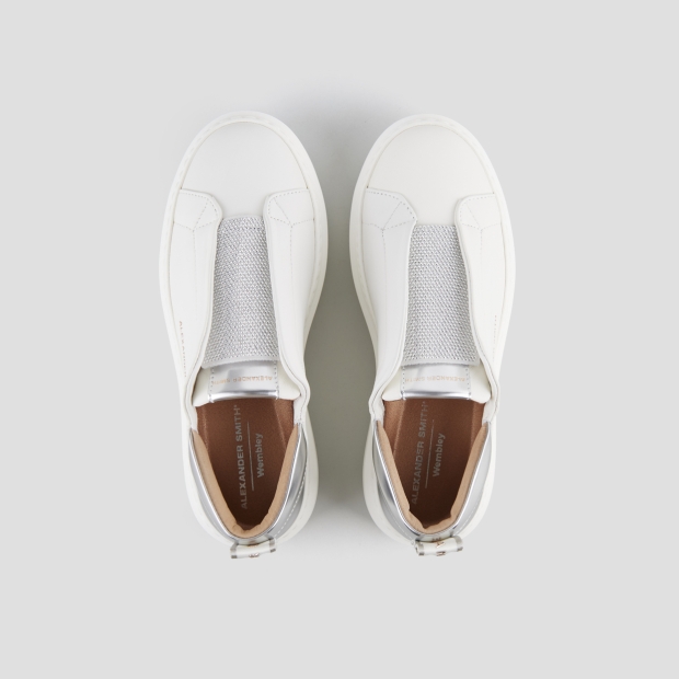 Sneakers Alexander Smith wembley slip-on donna in pelle bianca e tallone in laminato argento - 6