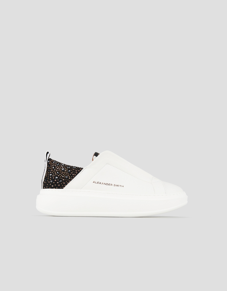 Sneakers Alexander Smith wembley slip-on donna in pelle bianca e tallone nero con strass - 1
