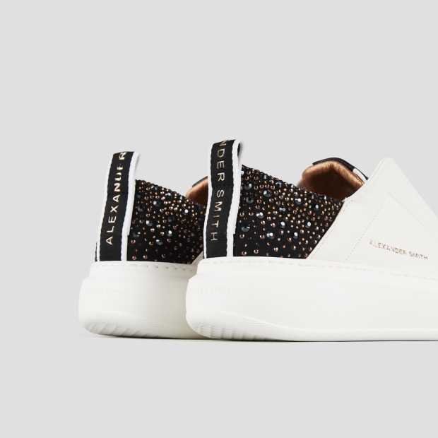 Sneakers Alexander Smith wembley slip-on donna in pelle bianca e tallone nero con strass - 5