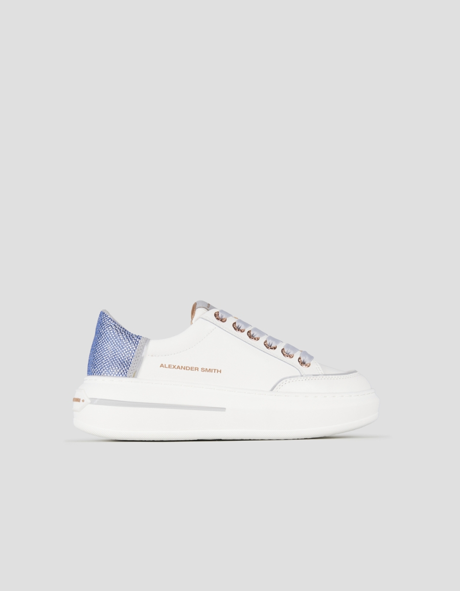 Sneakers Alexander Smith lancaster donna in pelle bianca e tallone con strass azzurri - 1